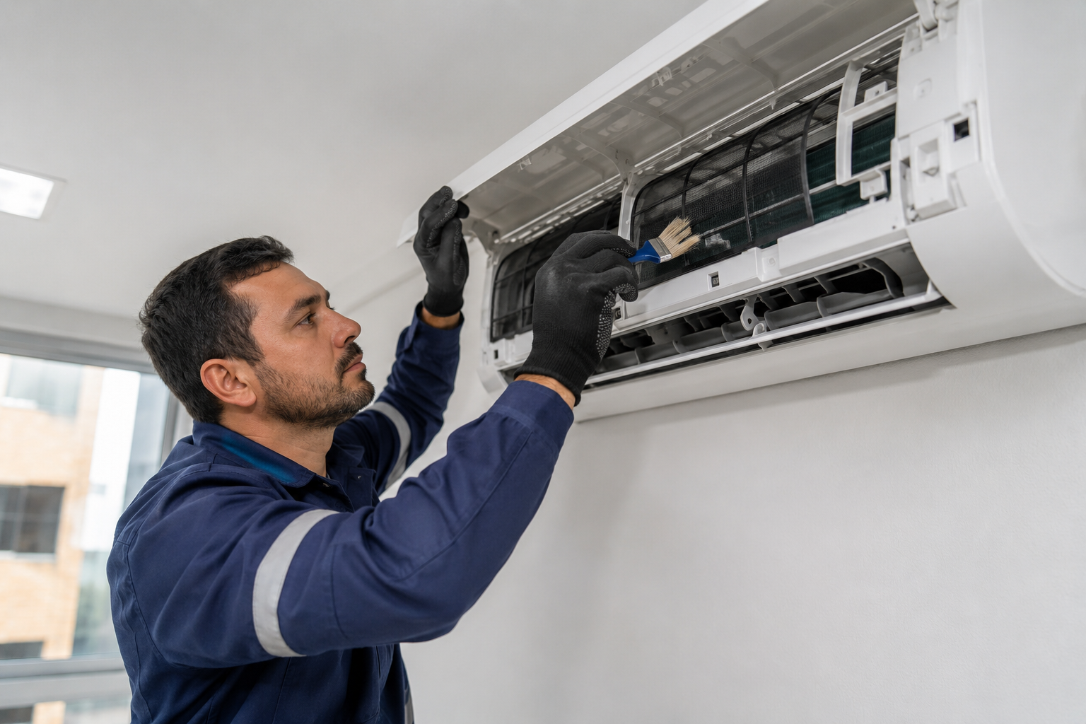 Técnico realizando manutenção preventiva de ar condicionado em São Paulo